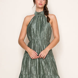 Olive Halter Neck Tiered Maxi Dress.