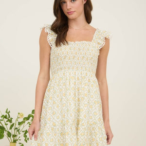 Floral Trellis Pattern Smocked Mini Dress