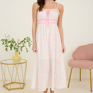 Floral Bow Pattern Spaghetti Strap Midi Dress