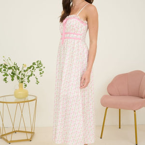 Floral Bow Pattern Spaghetti Strap Midi Dress