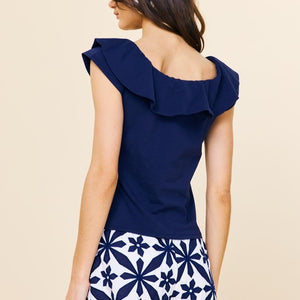 NAVY KNIT RUFFLED OFF THE SHOULDER TOP