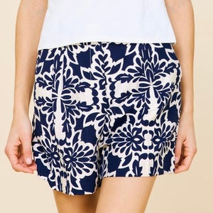 NAVY/IVORY Printed Shorts With Elastic Back