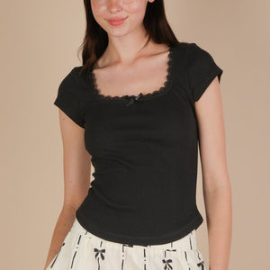 Lace & Bow Trim Ribbed Knit Top, 3 colors