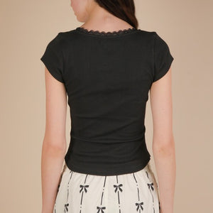 Lace & Bow Trim Ribbed Knit Top, 3 colors