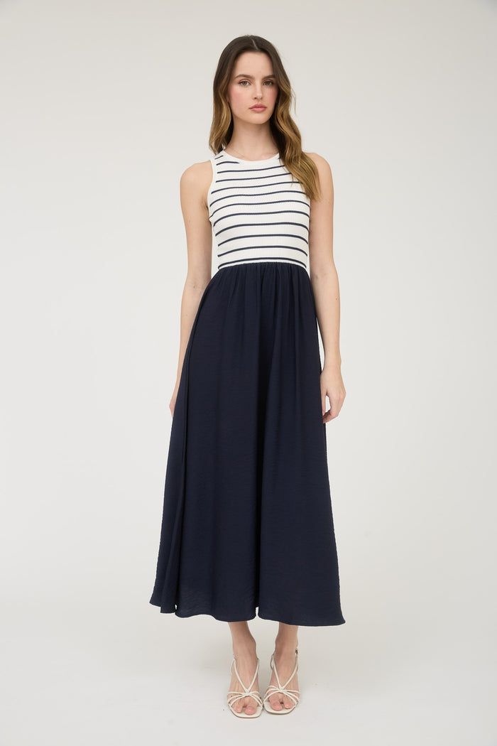 Stripe Tank Sleeveless Mixed Media Midi Dress
