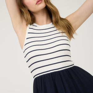 Stripe Tank Sleeveless Mixed Media Midi Dress