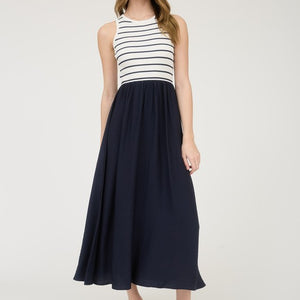 Stripe Tank Sleeveless Mixed Media Midi Dress