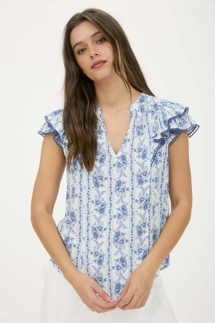 Stripe Floral Split Neck Ruffle Sleeve Top