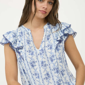 Stripe Floral Split Neck Ruffle Sleeve Top