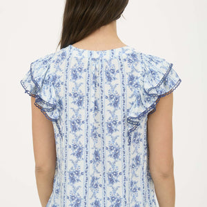 Stripe Floral Split Neck Ruffle Sleeve Top