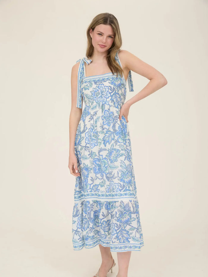 Blue Floral Border Trim Detail Tie Strap Midi Dress
