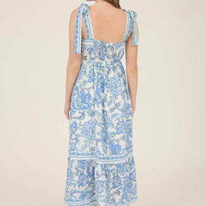 Blue Floral Border Trim Detail Tie Strap Midi Dress