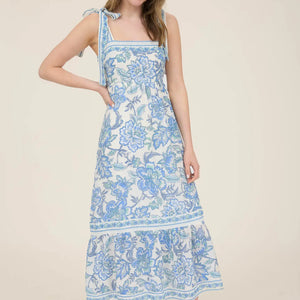 Blue Floral Border Trim Detail Tie Strap Midi Dress