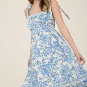 Blue Floral Border Trim Detail Tie Strap Midi Dress