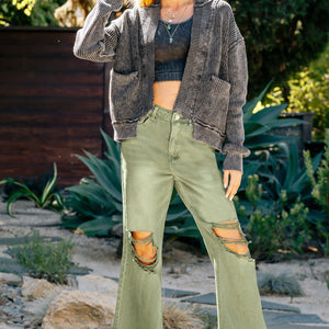 Washed Distressed Knee And Hem Cropped Pants