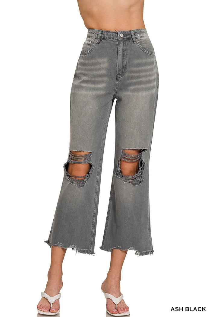 Ash black Washed Distressed Cropped denim