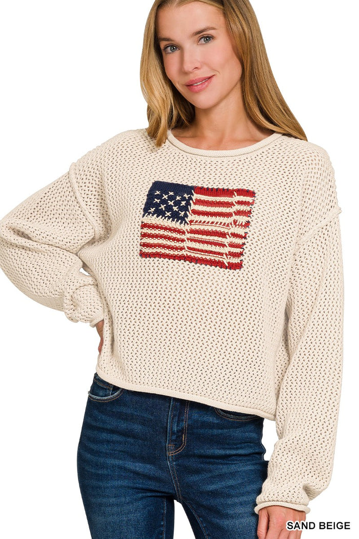 American Flag Crew Neck Sweater Sand