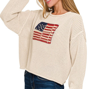 American Flag Crew Neck Sweater Sand