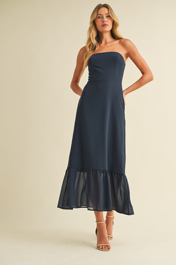 Navy Chiffon Tube Midi Dress With Ruffled Hem