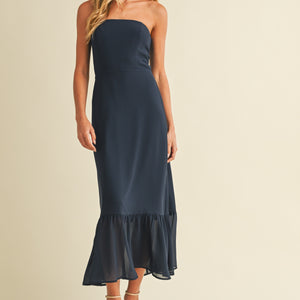 Navy Chiffon Tube Midi Dress With Ruffled Hem