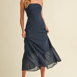Navy Chiffon Tube Midi Dress With Ruffled Hem
