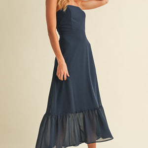 Navy Chiffon Tube Midi Dress With Ruffled Hem