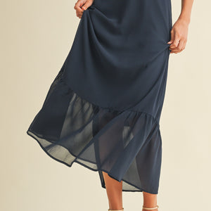 Navy Chiffon Tube Midi Dress With Ruffled Hem