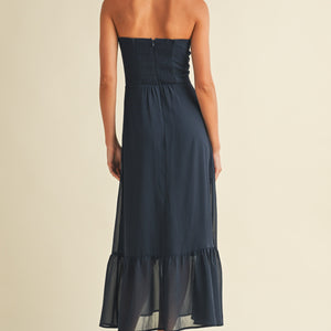 Navy Chiffon Tube Midi Dress With Ruffled Hem