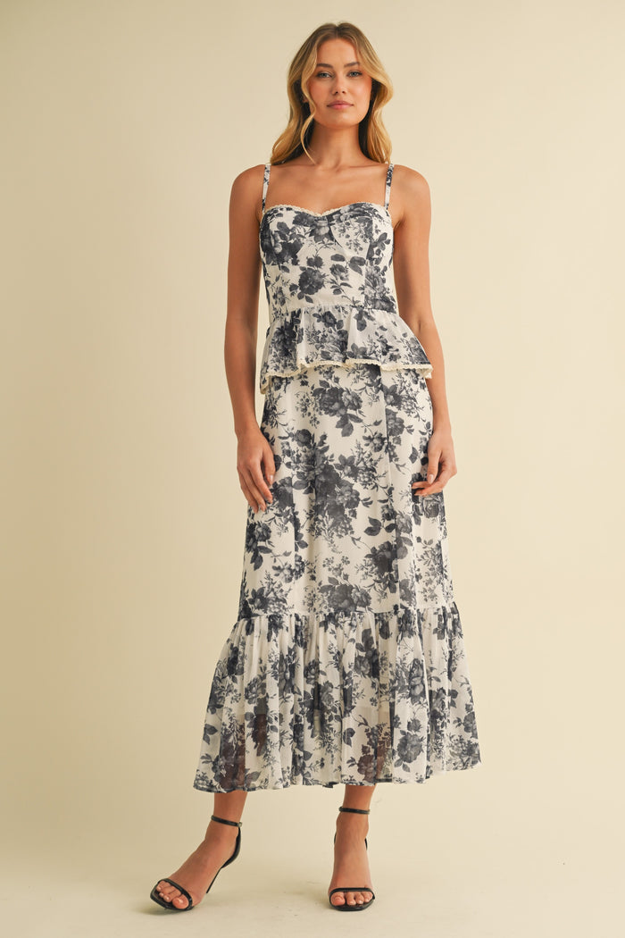 Floral Peplum Bustier Ruffled Bottom Midi Dress