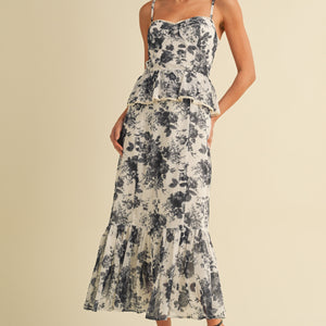 Floral Peplum Bustier Ruffled Bottom Midi Dress