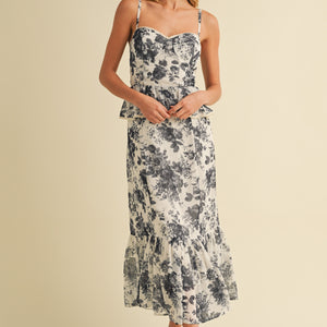 Floral Peplum Bustier Ruffled Bottom Midi Dress