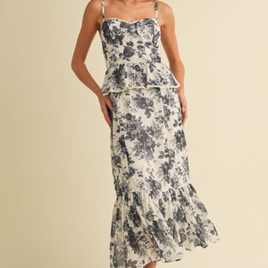 Floral Peplum Bustier Ruffled Bottom Midi Dress