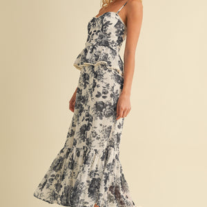 Floral Peplum Bustier Ruffled Bottom Midi Dress