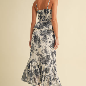 Floral Peplum Bustier Ruffled Bottom Midi Dress