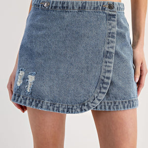 Stone wash denim wrap skirt