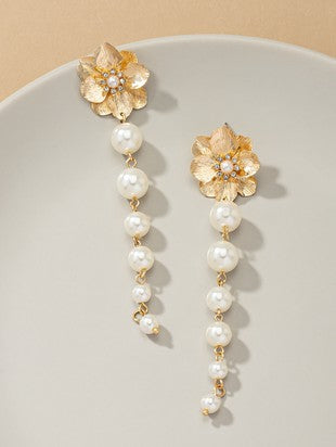 LINEAR FLOWER PEARL DROP EARRINGS