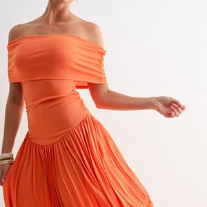 Orange Soleil Pleated Maxi Dress