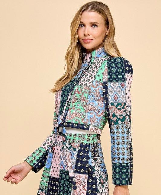 Abstract Print High Neckline Cropped Jacket
