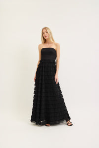 Black tiered ruffle strapless maxi dress