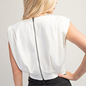 Ivory Pleated Top With Metal Zipper On Back