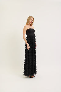 Black tiered ruffle strapless maxi dress