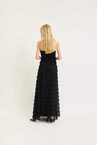Black tiered ruffle strapless maxi dress