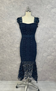 Navy lace flutter sweetheart neck line dress