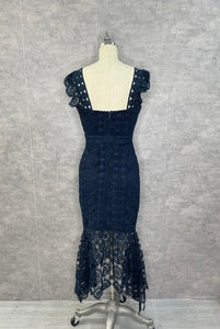 Navy lace flutter sweetheart neck line dress