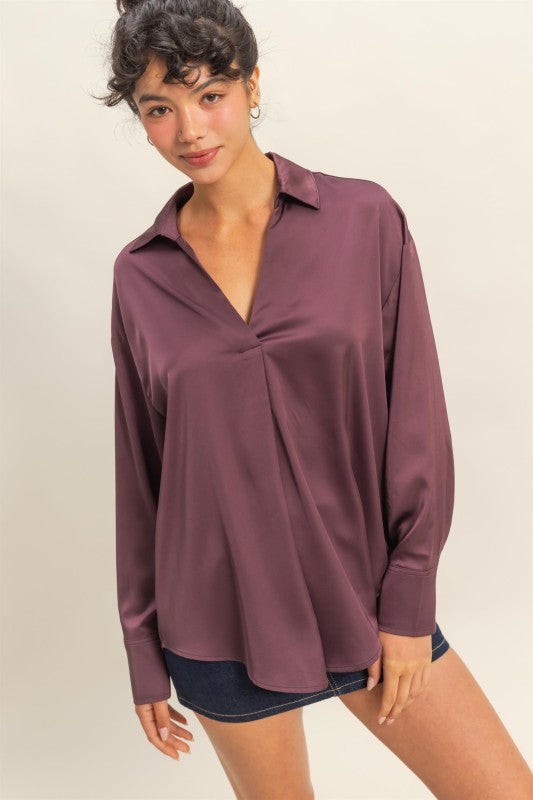 Dark Cherry Collared V-neck Satin Blouse