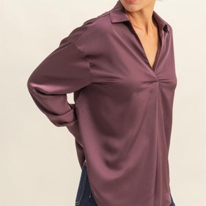 Dark Cherry Collared V-neck Satin Blouse