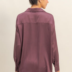 Dark Cherry Collared V-neck Satin Blouse