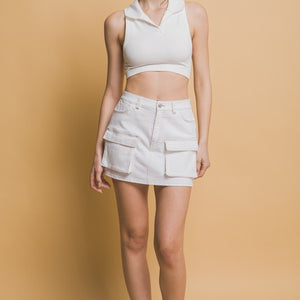 White Mini Cargo Denim Skirt