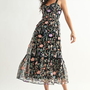Black Floral Embroidered Mesh Maxi Dress