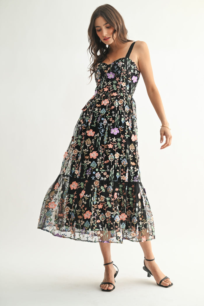 Black Floral Embroidered Mesh Maxi Dress